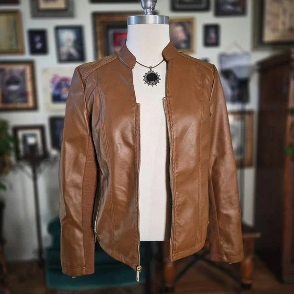 Kenneth Cole New York Cognac Faux Leather Moto Jacket Brown Small Quilted Zip - Picture 2 of 8